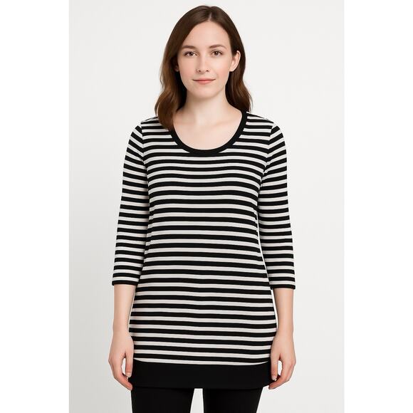 Calvin Klein Black White Striped Tunic Top Women’s Large 3/4 Sleeve Stretch - Picture 1 of 7